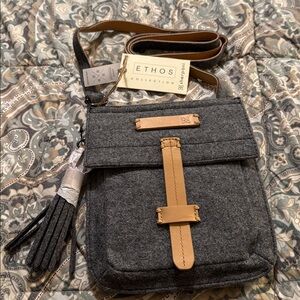 NWT SHERPANI Ethos Collection Piper mini crossbody bag w/ tassel gray tan wool